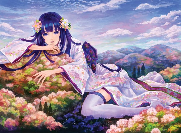 Anime picture 2161x1600 with original kemi neko single long hair looking at viewer fringe highres blue eyes purple eyes blue hair sky cloud (clouds) lying traditional clothes japanese clothes hair flower hug mountain reclining scenic