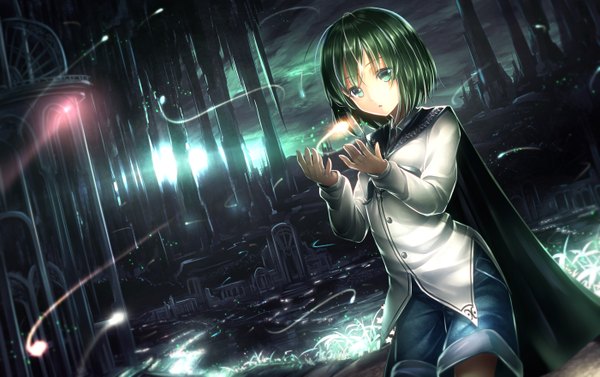 Anime picture 1402x882 with touhou wriggle nightbug ryosios single short hair green eyes green hair :o ruins antennae girl shirt shorts insect cape fireflies