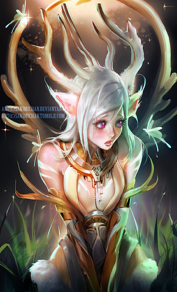Anime picture 609x1000 with sakimichan single long hair tall image sitting bare shoulders animal ears looking away silver hair parted lips pink eyes horn (horns) pointy ears realistic watermark girl gloves plant (plants) elbow gloves fur