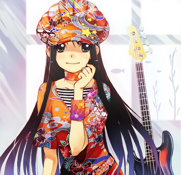 Anime picture 1200x1167 with k-on! kyoto animation akiyama mio hirokiku single long hair black hair simple background looking away light smile black eyes girl hat fish (fishes) guitar wristlet bass guitar