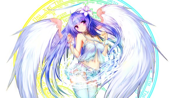 Anime picture 1920x1080 with original iori (cpeilad) single long hair looking at viewer blush highres light erotic wide image purple eyes blue hair ahoge hair flower bare belly wallpaper heterochromia magic white wings girl thighhighs
