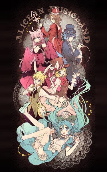 Anime picture 1001x1600 with alice in wonderland vocaloid hatsune miku megurine luka kagamine rin kagamine len kaito (vocaloid) meiko nardack long hair tall image looking at viewer short hair open mouth blue eyes blonde hair smile red eyes brown hair twintails