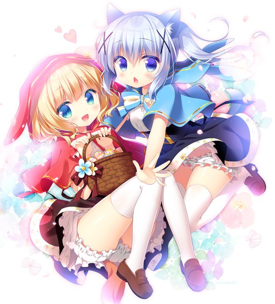 Anime picture 1500x1656 with gochuumon wa usagi desu ka? white fox kafuu chino kirima sharo sasai saji long hair tall image looking at viewer blush fringe short hair open mouth blue eyes light erotic blonde hair twintails multiple girls animal ears silver hair full body