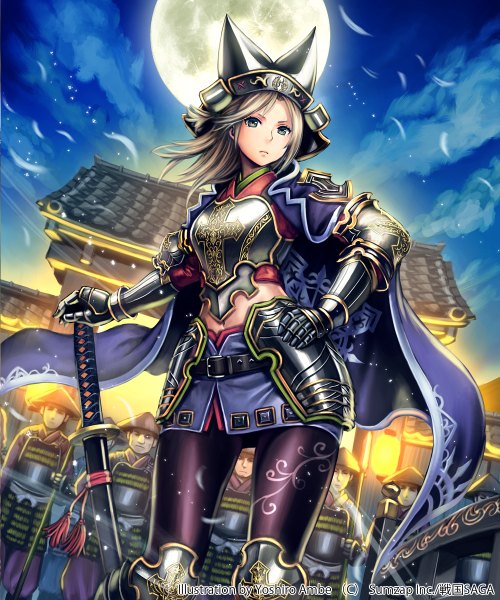 Anime picture 1000x1200 with original anbe yoshirou single tall image looking at viewer short hair blue eyes blonde hair night hand on hip girl gloves weapon sword elbow gloves katana moon armored dress