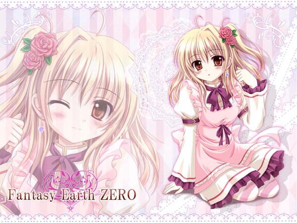 Anime picture 1600x1200 with fantasy earth zero himuro feri (artist) long hair looking at viewer blush blonde hair red eyes sitting ahoge hair flower zoom layer girl dress hair ornament flower (flowers) earrings frills jewelry