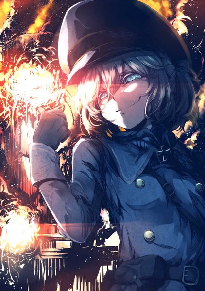Anime picture 756x1075 with youjo senki tanya degurechaff neichiru single tall image looking at viewer fringe short hair blue eyes smile standing upper body long sleeves arm up official art light shaded face military crazy smile explosion