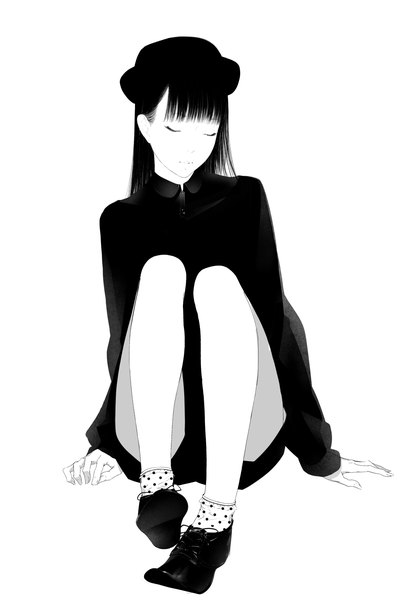 Anime picture 1016x1500 with original sousou (sousouworks) single long hair tall image fringe black hair simple background white background sitting full body eyes closed monochrome polka dot casual girl socks shorts blouse top hat