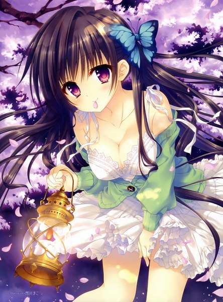 Anime picture 2900x3912 with tatekawa mako single long hair tall image highres breasts light erotic black hair red eyes bare shoulders cherry blossoms girl dress hair ornament petals butterfly hair ornament
