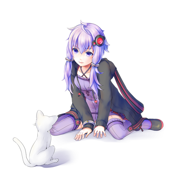 Anime picture 1000x1000 with vocaloid yuzuki yukari as (niconico) long hair blush simple background smile sitting purple eyes twintails looking away purple hair grey background open clothes open jacket low twintails girl thighhighs dress animal
