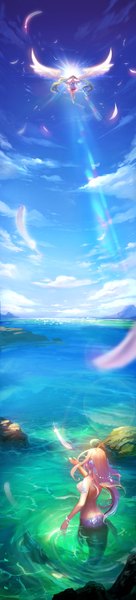 Anime picture 650x2849 with vocaloid hatsune miku d-zhai single long hair tall image breasts blonde hair bare shoulders sky cloud (clouds) ahoge eyes closed very long hair barefoot aqua hair depth of field sideboob outstretched arm hand on chest