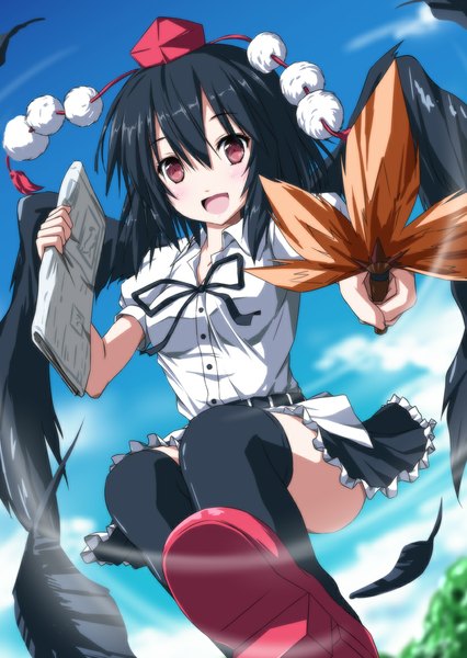 Anime picture 823x1160 with touhou shameimaru aya nori tamago single tall image looking at viewer short hair open mouth black hair red eyes girl thighhighs skirt black thighhighs shirt wings feather (feathers) fan pom pom (clothes) hauchiwa