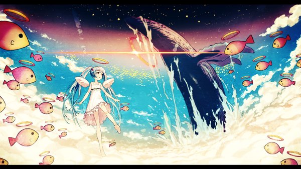 Anime picture 3200x1800 with vocaloid hatsune miku asgr fringe highres wide image twintails barefoot aqua hair letterboxed angel wings angel girl wings sea sundress fish (fishes) wave (waves) whale