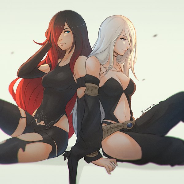 Anime picture 900x900 with nier nier:automata gravity daze yorha type a no. 2 crow (gravity daze) koyoriin long hair fringe breasts blue eyes light erotic black hair simple background large breasts white background sitting purple eyes bare shoulders multiple girls signed