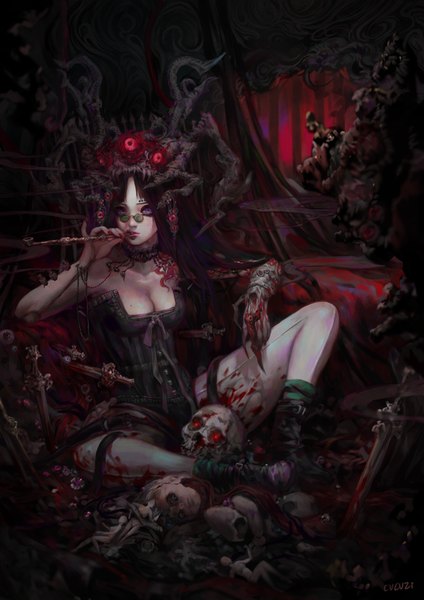 Anime picture 800x1132 with original cucuzi single long hair tall image looking at viewer blue eyes sitting holding signed cleavage purple hair nail polish mole spread legs piercing mouth hold smoke girl weapon