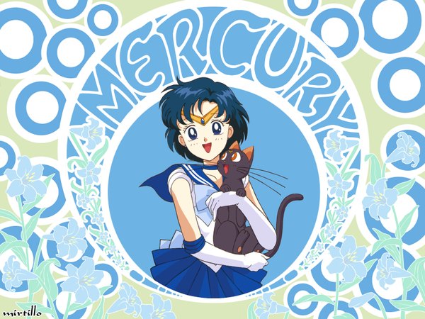 Anime picture 1600x1200 with bishoujo senshi sailor moon toei animation mizuno ami sailor mercury luna (sailor moon) highres short hair blue eyes blue hair wallpaper blue background art nouveau girl gloves earrings choker elbow gloves jewelry circlet