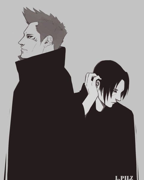 Anime picture 1346x1686 with naruto studio pierrot naruto (series) uchiha itachi hoshigaki kisame l.pilz tall image short hair open mouth black hair simple background standing nail polish profile inscription grey background multiple boys grey eyes monochrome hand on head