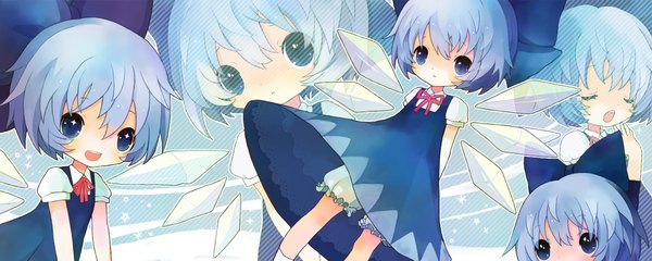 Anime picture 2000x800 with touhou cirno 32 (mayama) blush highres short hair open mouth blue eyes wide image blue hair eyes closed hands behind back multiple persona yawn girl bow hair bow wings knickers
