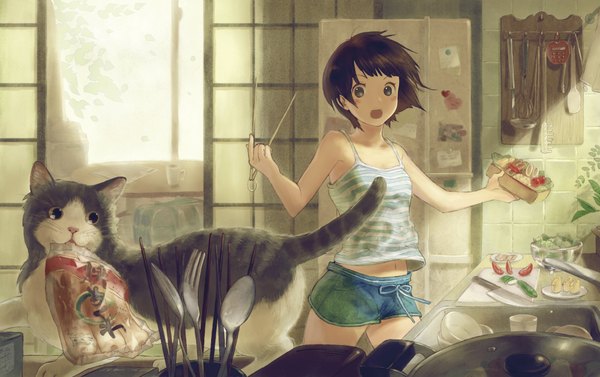 Anime picture 3842x2415 with original ame (conronca) single blush highres short hair open mouth brown hair absurdres grey eyes surprised cooking girl animal water food shorts window cat bag