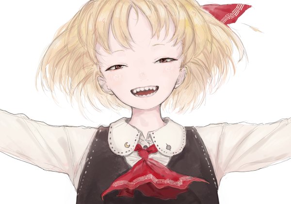 Anime picture 1200x844 with touhou rumia yushika single looking at viewer short hair open mouth simple background blonde hair red eyes white background upper body teeth spread arms girl bow hair bow