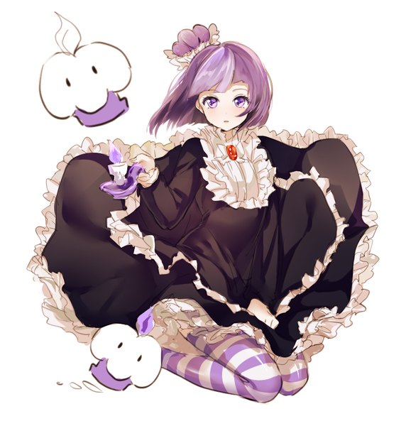 Anime picture 810x850 with cookie run blackberry cookie mery (yangmalgage) single tall image short hair simple background white background purple eyes looking away purple hair full body maid hair bun (hair buns) girl thighhighs uniform frills headdress maid headdress