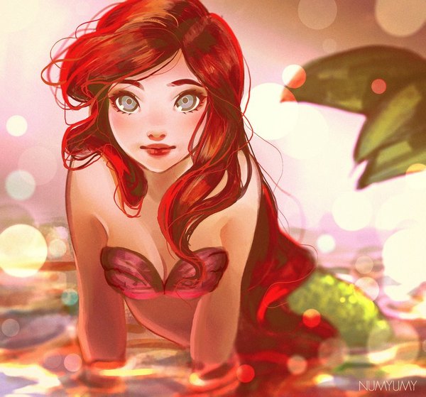 Anime picture 800x746 with the little mermaid disney ariel numyumy single long hair blush signed looking away cleavage red hair grey eyes lipstick partially submerged eyebrows red lipstick girl water mermaid shell bikini