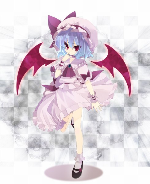 Anime picture 1000x1228 with touhou remilia scarlet tahya single tall image short hair red eyes blue hair checkered background girl dress wings bonnet