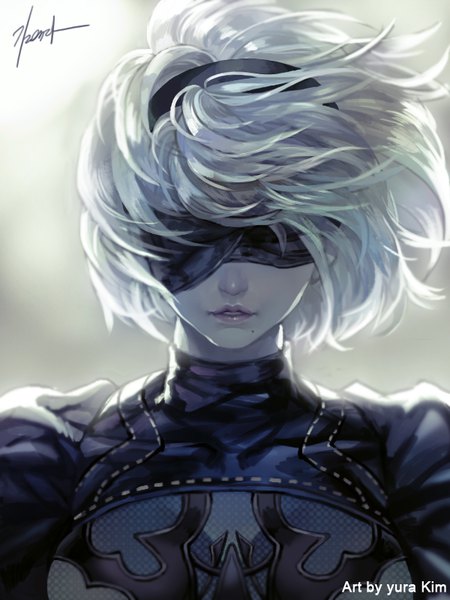 Anime picture 600x800 with nier nier:automata yorha no. 2 type b kim yura (goddess mechanic) single tall image short hair signed silver hair upper body parted lips wind lips mole lipstick watermark portrait mole under mouth pink lipstick blindfold