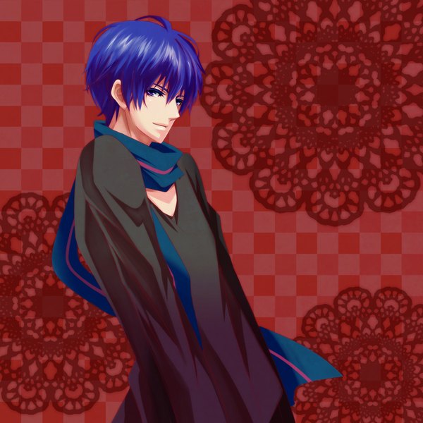 Anime picture 2000x2000 with vocaloid kaito (vocaloid) tagme (artist) single looking at viewer highres short hair standing purple eyes blue hair red background checkered background boy scarf sweater lace