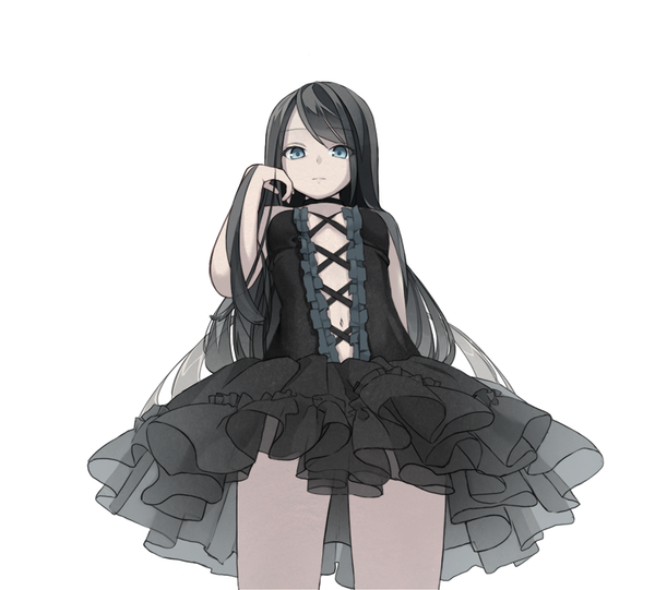 Anime picture 827x746 with original haruwakame single long hair looking at viewer blue eyes black hair simple background standing white background from below adjusting hair lacing girl dress navel black dress