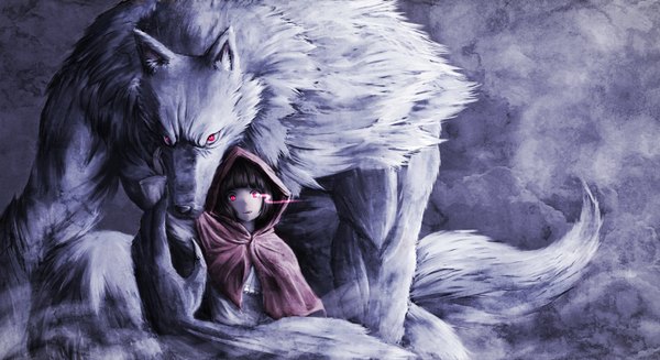 Anime picture 2970x1620 with little red riding hood original namacotan fringe highres short hair open mouth black hair simple background wide image animal ears tail animal tail teeth glowing glowing eye (eyes) wolf ears sharp teeth wolf tail animal