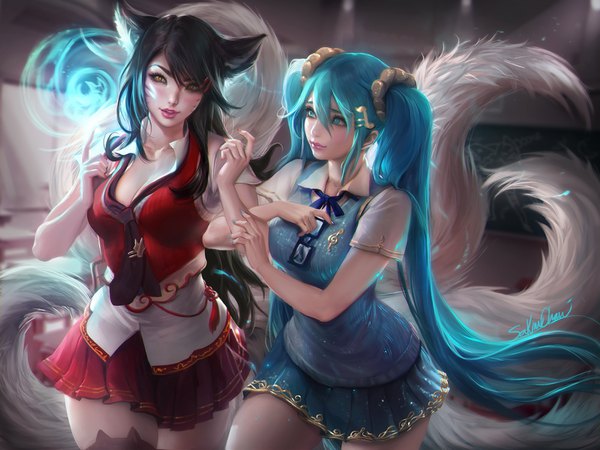 Anime picture 1600x1201 with league of legends ahri (league of legends) sona buvelle sakimichan long hair fringe breasts black hair hair between eyes large breasts twintails multiple girls signed animal ears looking away cleavage tail nail polish animal tail pleated skirt