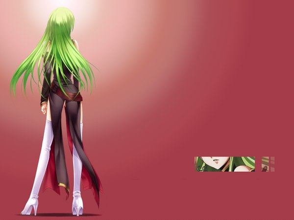 Anime picture 1600x1200 with code geass sunrise (studio) c.c. single long hair light erotic standing bare shoulders long sleeves green hair from behind high heels red background girl uniform detached sleeves boots thigh boots