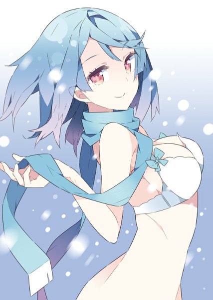 Anime picture 570x800 with original haruse hiroki single tall image looking at viewer short hair breasts light erotic smile standing bare shoulders blue hair pink hair pink eyes multicolored hair two-tone hair bare belly outstretched arm snowing girl