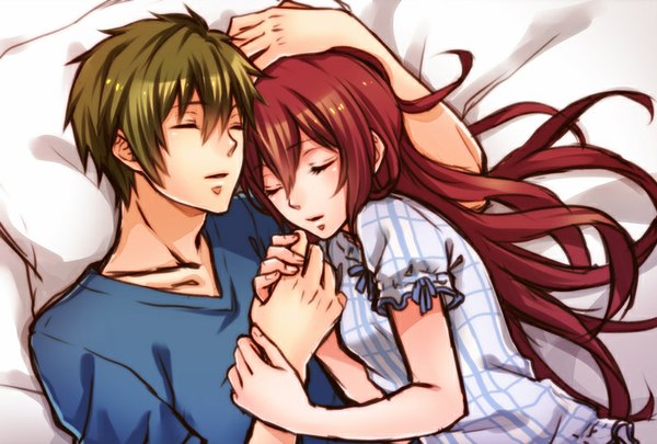 Anime picture 800x541 with free! kyoto animation tachibana makoto matsuoka gou rio (rio 01) long hair fringe short hair brown hair red hair eyes closed couple holding hands sleeping hand on another's head girl boy pillow bed