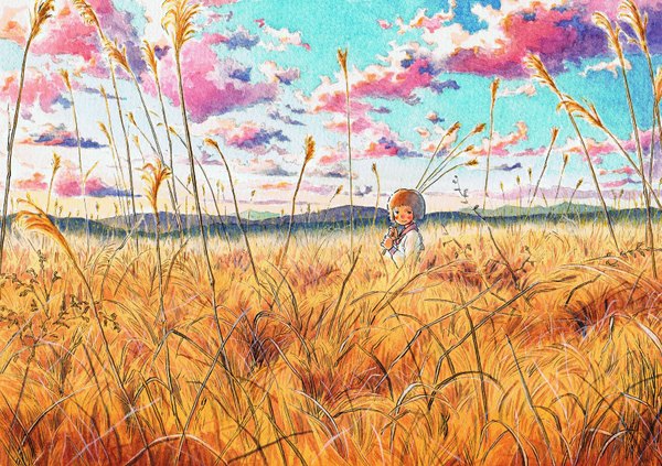 Anime picture 1700x1200 with original ebizou single looking at viewer fringe short hair brown hair sky cloud (clouds) walking traditional media field girl plant (plants) child (children)