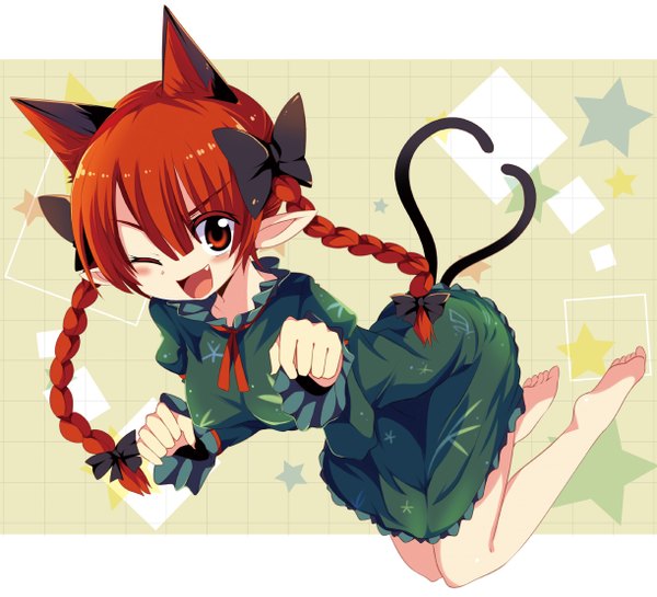 Anime picture 1222x1111 with touhou kaenbyou rin matsuri uta single long hair looking at viewer blush open mouth red eyes animal ears red hair tail braid (braids) animal tail one eye closed barefoot pointy ears wink cat ears teeth