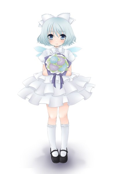 Anime picture 1000x1500 with touhou cirno jyako single tall image blush short hair blue eyes simple background white background blue hair girl dress flower (flowers) wings socks white socks