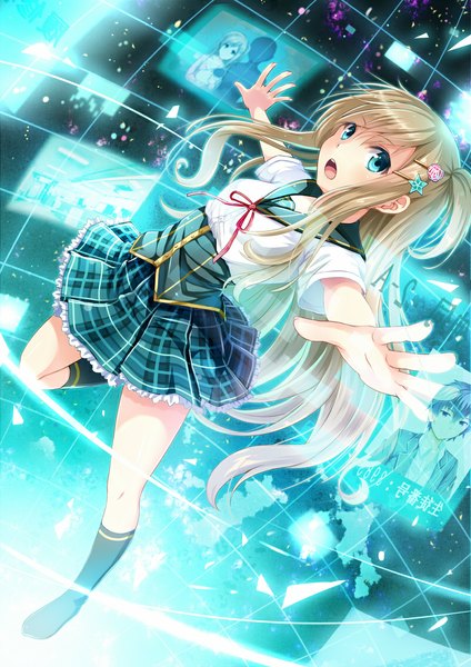 Anime picture 800x1131 with original noe noel single long hair tall image looking at viewer open mouth blue eyes blonde hair girl skirt hair ornament socks hairclip black socks