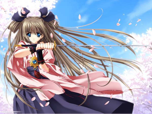 Anime picture 1600x1200 with push!! carnelian single long hair looking at viewer fringe blue eyes hair between eyes brown hair traditional clothes japanese clothes wallpaper cherry blossoms spring girl ribbon (ribbons) weapon hair ribbon petals sword