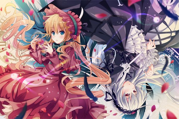 Anime picture 990x660 with rozen maiden suigintou shinku hirai yuzuki long hair blush blue eyes blonde hair red eyes multiple girls white hair magic drill hair girl dress flower (flowers) ribbon (ribbons) 2 girls hair ribbon petals