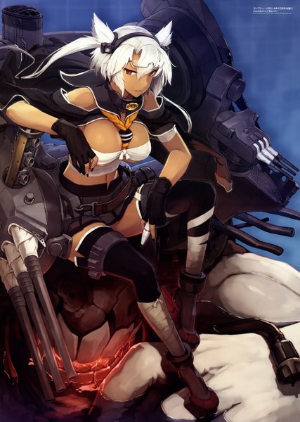 Anime picture 3640x5115 with kantai collection musashi super battleship battleship-symbiotic hime shizuma yoshinori single tall image highres short hair simple background hair between eyes sitting looking away absurdres cleavage grey hair official art two side up dark skin shinkaisei-kan glasses on head