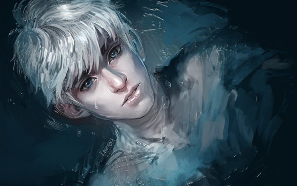 Anime picture 1000x625 with rise of the guardians dreamworks jack frost (rise of the guardians) kazeki single short hair blue eyes wide image signed white hair realistic face boy water