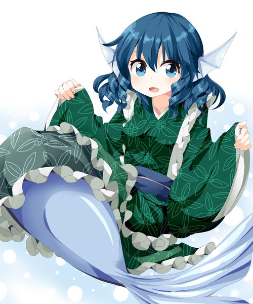 Anime picture 800x960 with touhou wakasagihime ruu (tksymkw) single long hair tall image looking at viewer blush open mouth blue eyes simple background white background blue hair traditional clothes japanese clothes drill hair monster girl girl mermaid