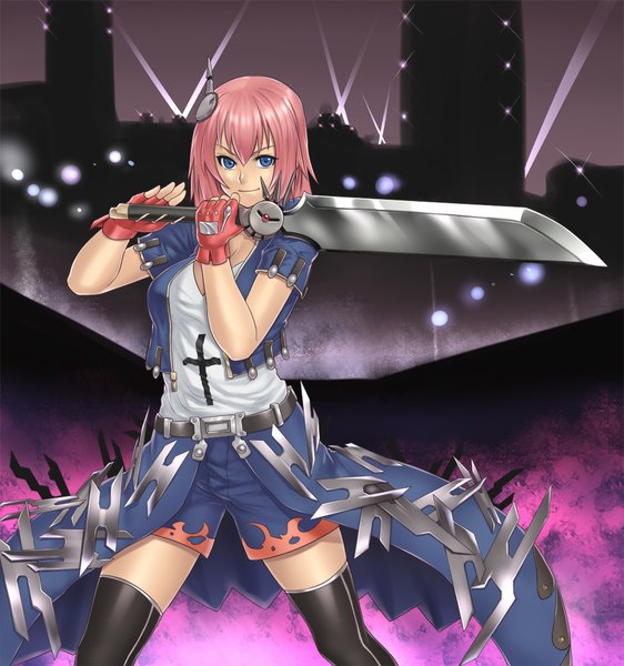 Anime picture 1000x1067 with original houtengeki single tall image short hair blue eyes pink hair girl thighhighs weapon black thighhighs sword shorts fingerless gloves