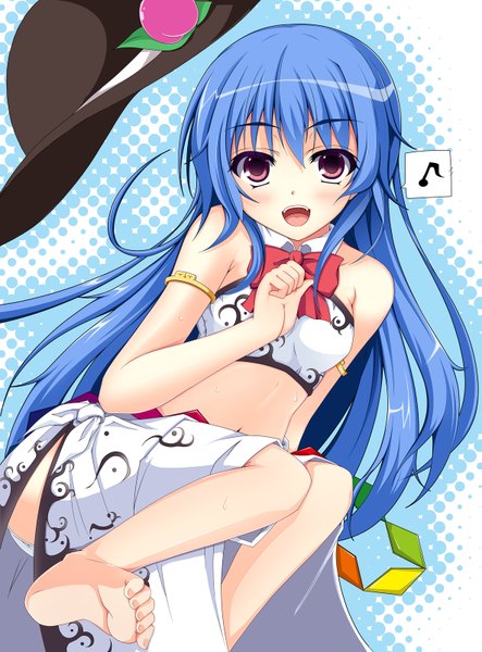 Anime picture 1183x1600 with touhou hinanawi tenshi chitosy (artist) single long hair tall image blush open mouth red eyes bare shoulders blue hair barefoot legs girl hat