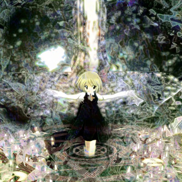 Anime picture 1418x1419 with touhou rumia bouzu (pivuv) single short hair blonde hair green eyes magic spread arms chibi girl bow magic circle