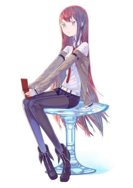 Anime picture 3507x4960 with steins;gate white fox makise kurisu leung ka che single tall image blush highres simple background brown hair white background sitting purple eyes absurdres very long hair girl pantyhose necktie shorts boots
