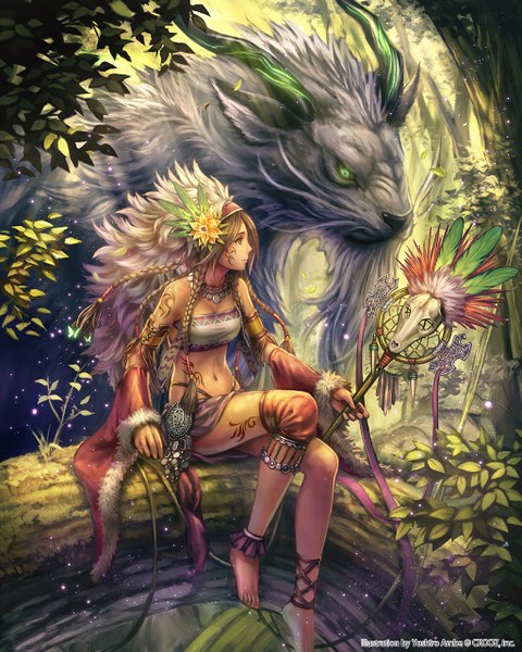 Anime picture 1024x1280 with shinma x keishou! ragnabreak anbe yoshirou tall image smile sitting bare shoulders green eyes looking away braid (braids) barefoot hair flower horn (horns) sunlight wide sleeves bare belly bare legs tattoo alternate costume no shoes sunbeam