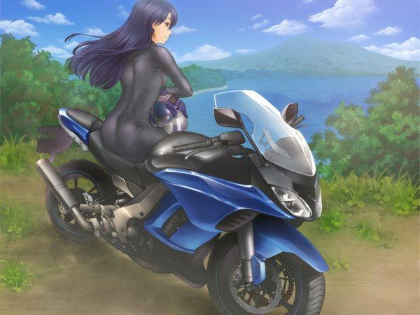 Anime picture 1600x1200 with idolmaster kisaragi chihaya chiaki rakutarou single long hair black hair brown eyes looking away cloud (clouds) mountain girl bodysuit helmet motorcycle motorcycle helmet