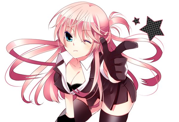 Anime picture 1875x1280 with vocaloid megurine luka lira single long hair highres blue eyes simple background white background pink hair one eye closed wink girl thighhighs gloves black thighhighs star (symbol) suit